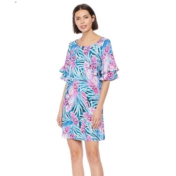 Lilly Pulitzer Lula Shift Dress Mister Pink Floral Birds Ruffle Sleeve size XS - Picture 2 of 9
